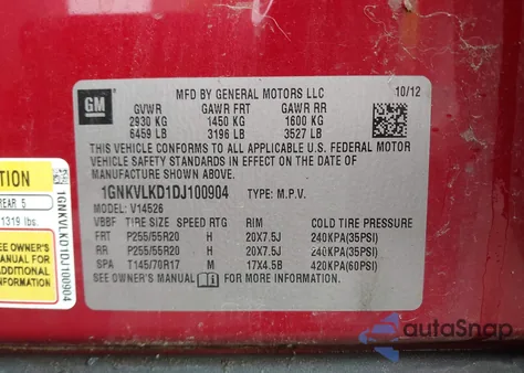 2013 Chevrolet Traverse Ltz from USA, damaged, VIN 1GNKVLKD1DJ100904